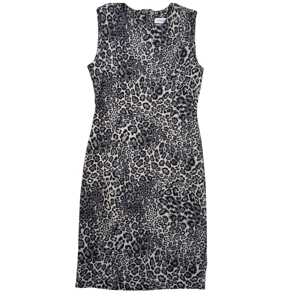 Calvin Klein Women's‎ Sheath Dress 4 Leopard Print Sleeveless Grey Black